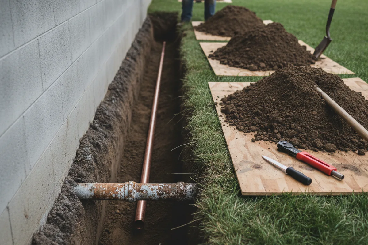 Excavated water line trench during Sewer Line Repair in Nicktown